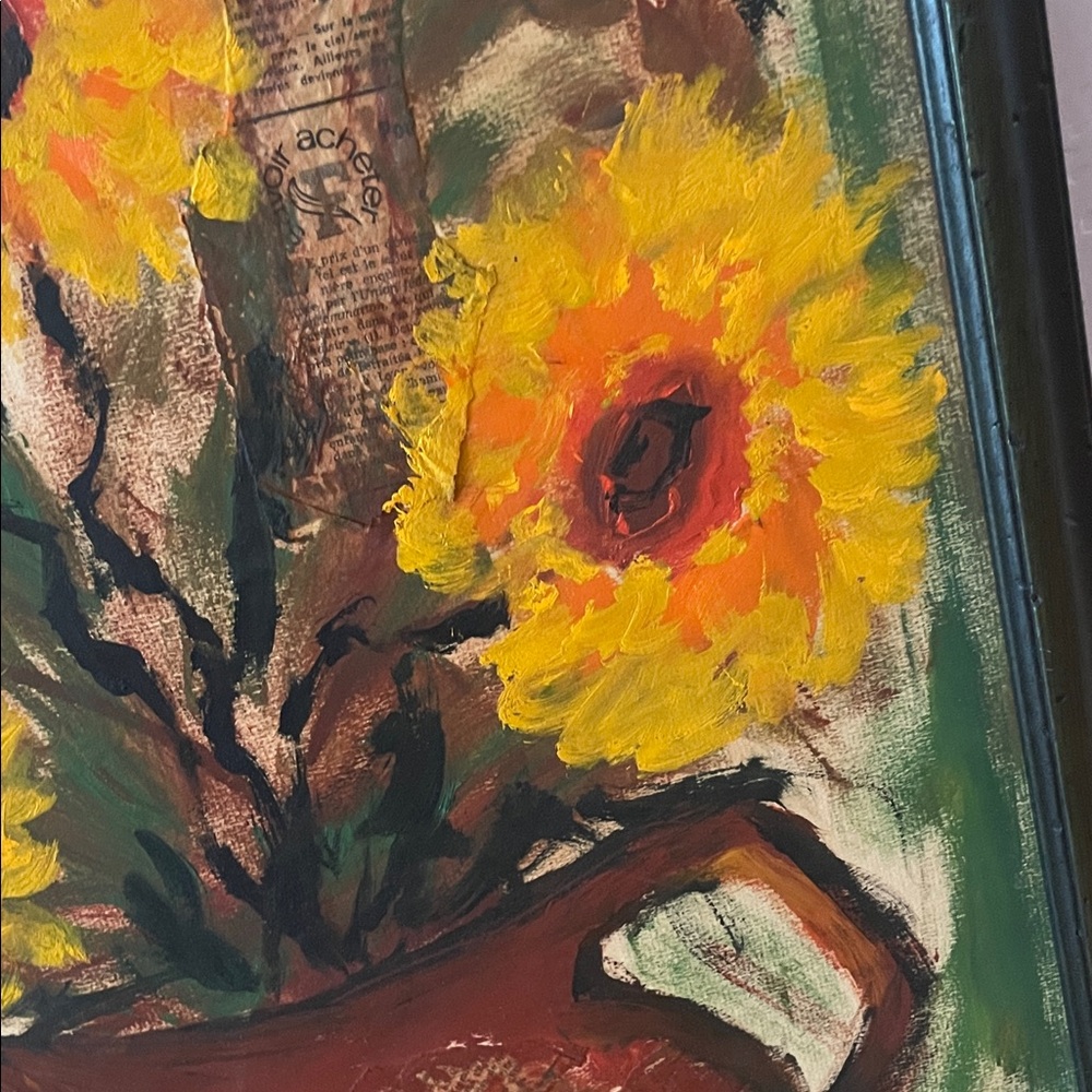 Sunflower Art Mixed Media Painting in Dark Green Frame ~ Etienne 1973 Rare art - Picture 5 of 16